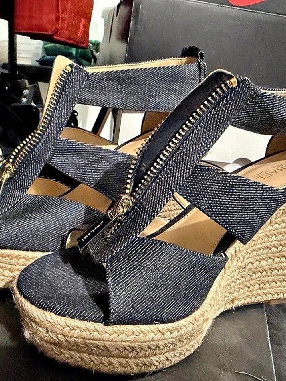 Michael Kors Berkley Denim Wedge Sandal Black & Tan